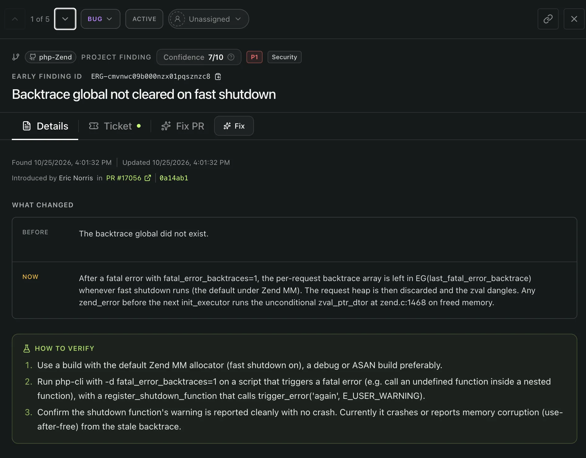 Actual Early finding for the fast-shutdown backtrace defect, currently shown as BUG and P1 Security.