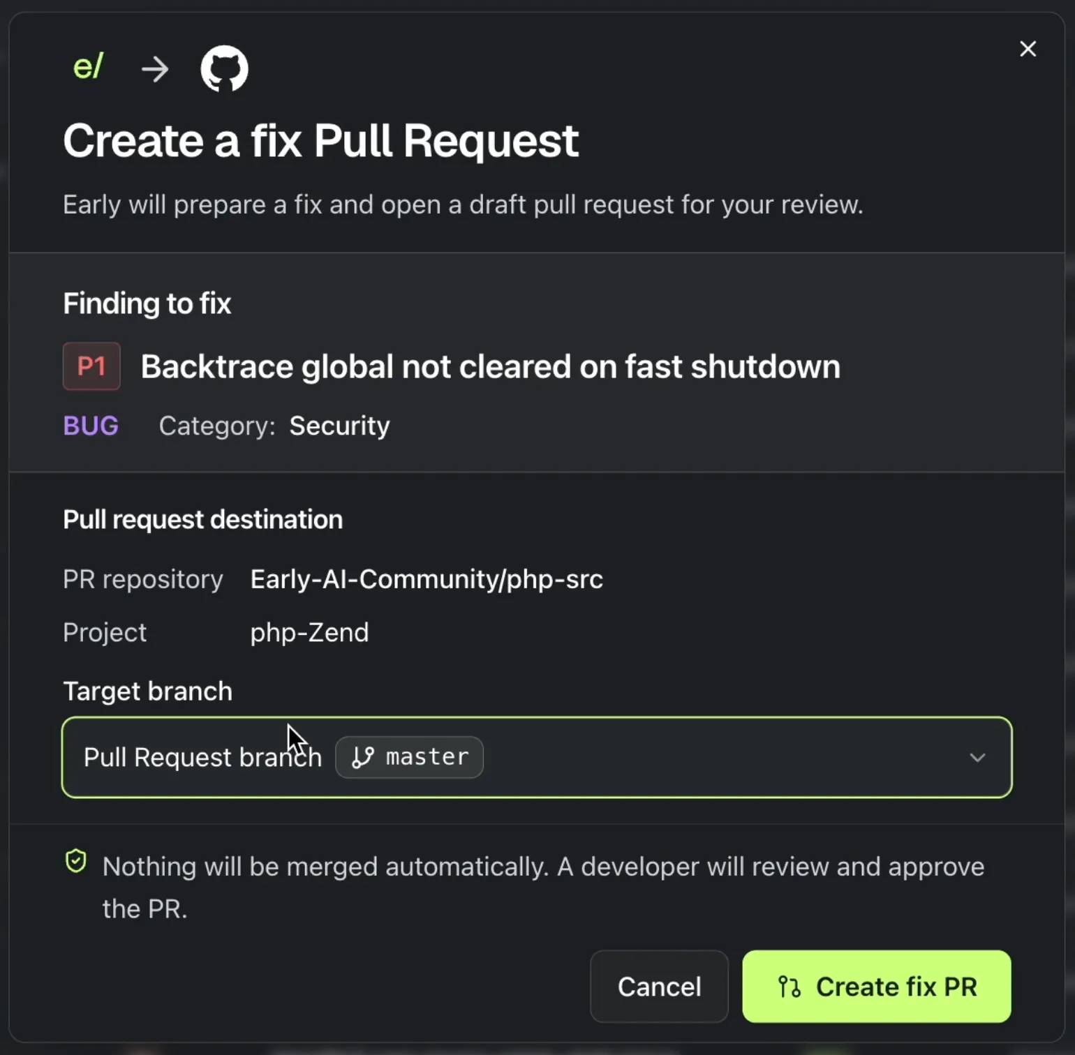 Early’s Create a fix Pull Request wizard showing the backtrace finding classified as P1 Security.