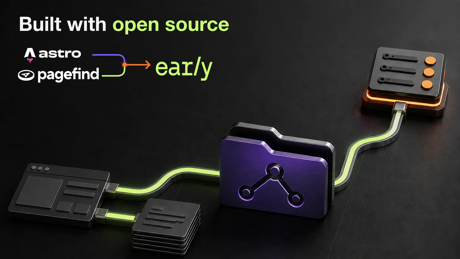 Open Source Is Dead. Long Live Open Source, above connected website components, a repository folder, and a pull request control panel.