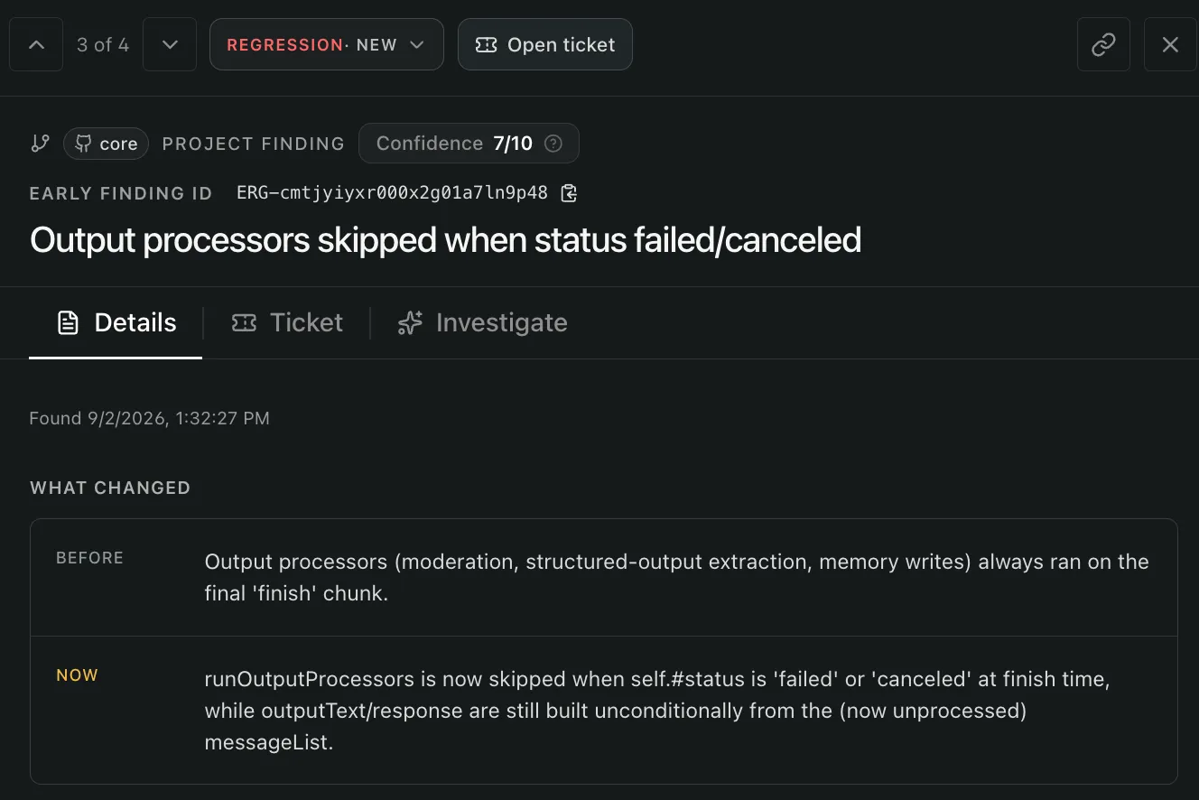 Early product screenshot showing the Mastra output-processor finding classified as Regression