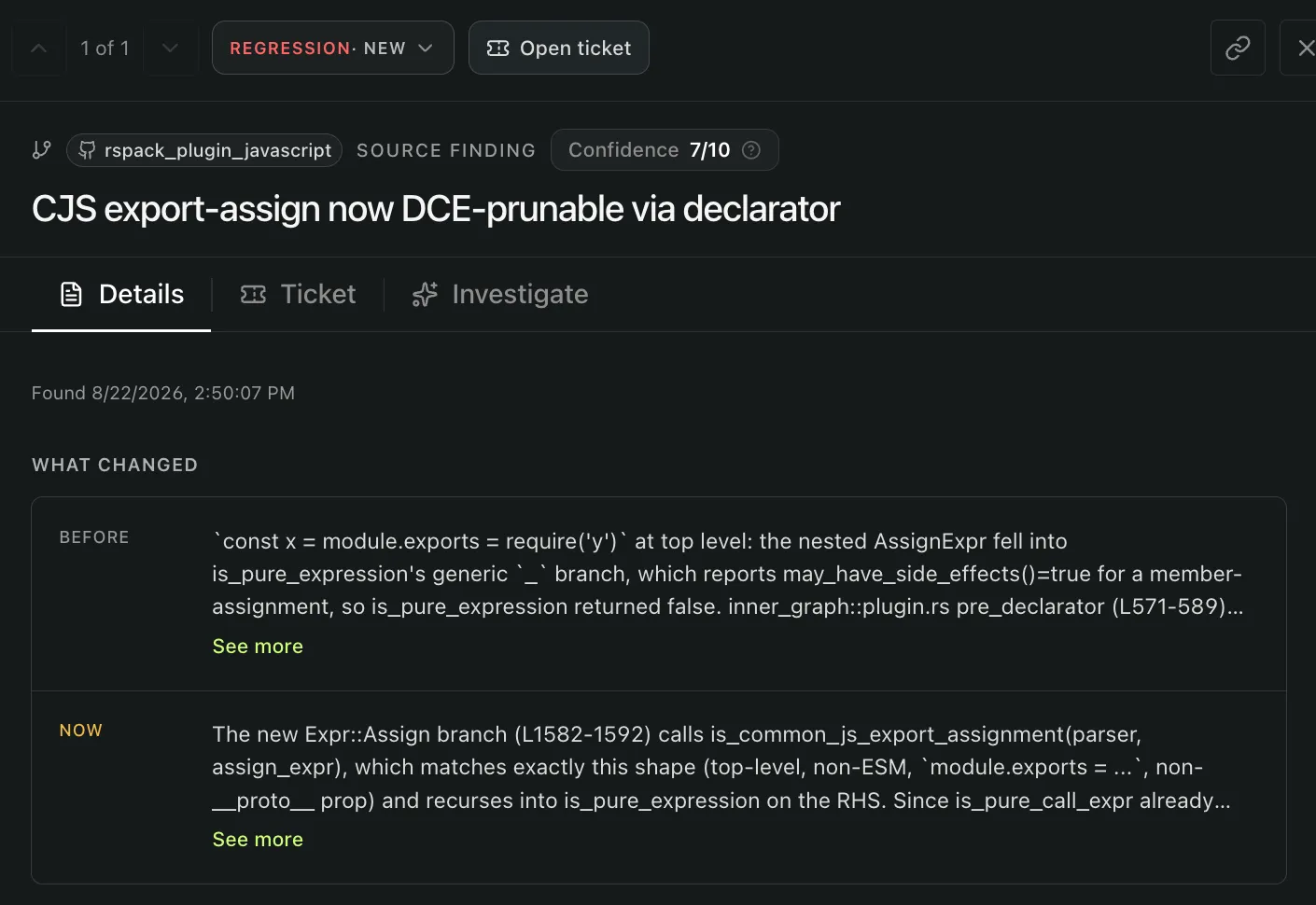 Early product finding titled CJS export-assign now DCE-prunable via declarator, classified as a Regression.