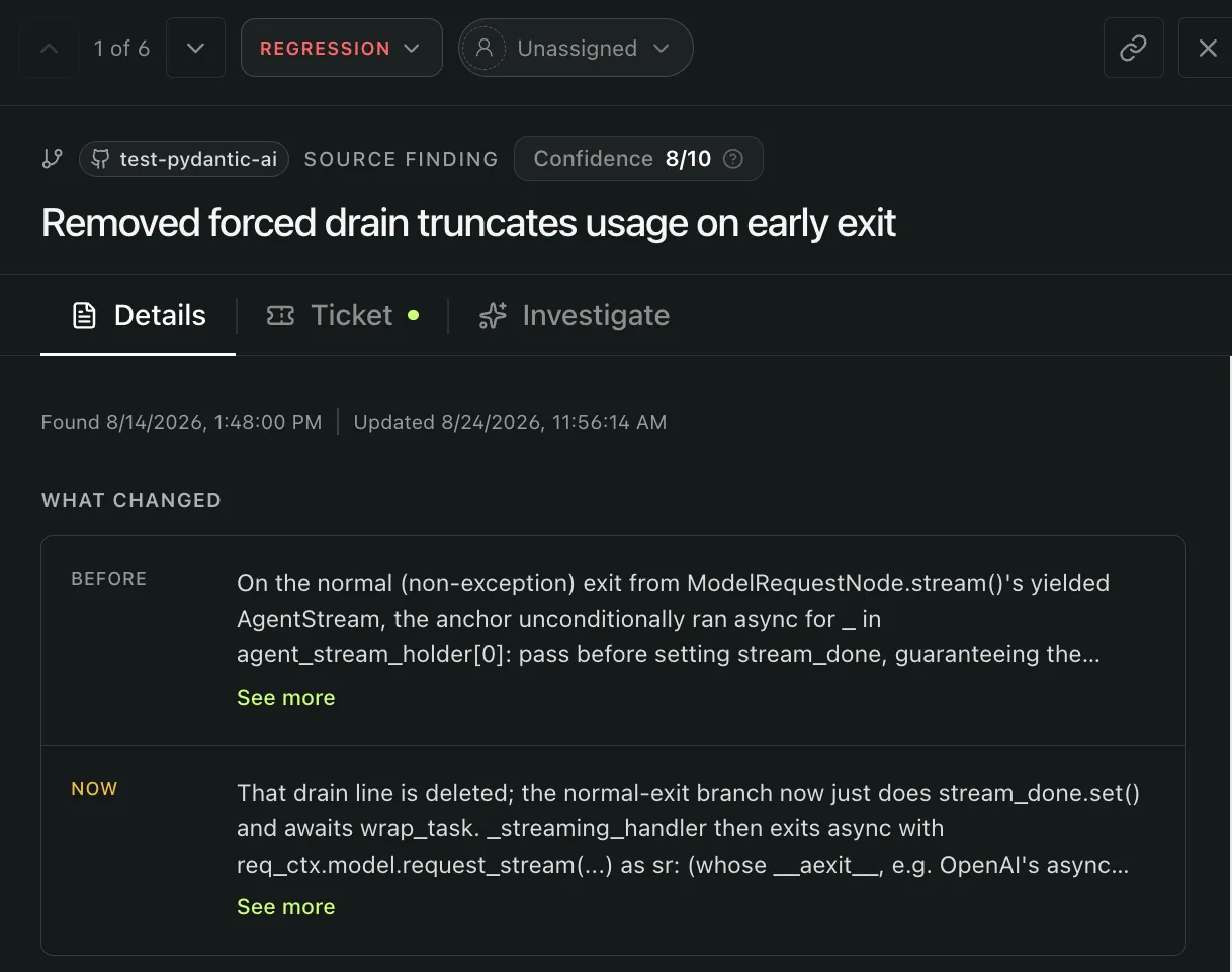Early finding titled Removed forced drain truncates usage on early exit, classified as a Regression.