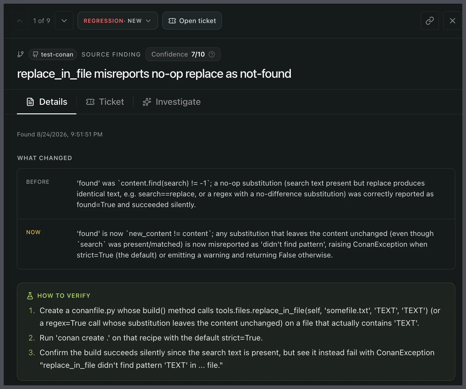 Early product finding titled replace_in_file misreports no-op replace as not-found, classified as a Regression.