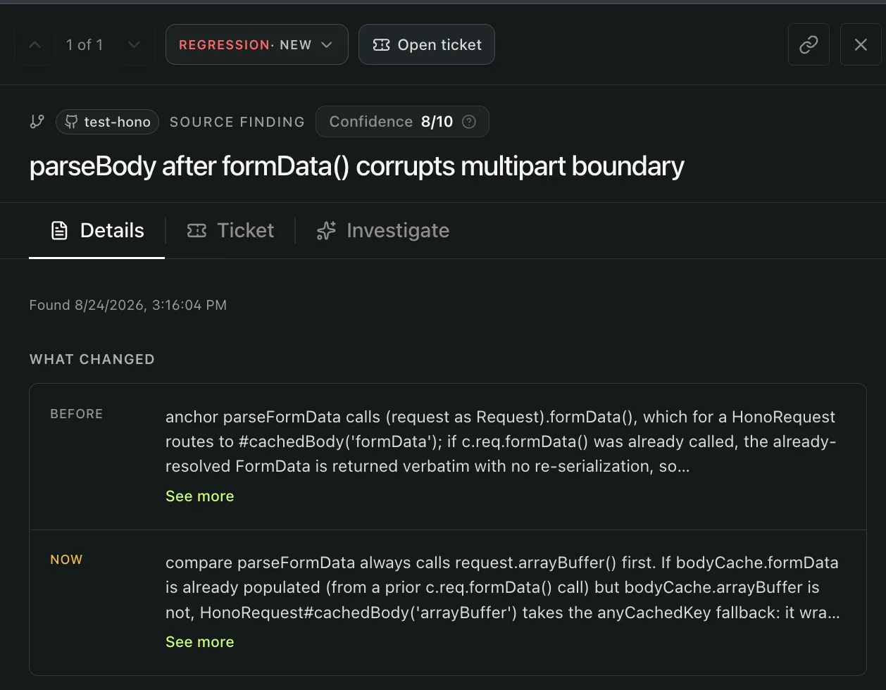 Early product finding titled parseBody after formData corrupts multipart boundary, with Before and Now explanations of the cache mismatch.