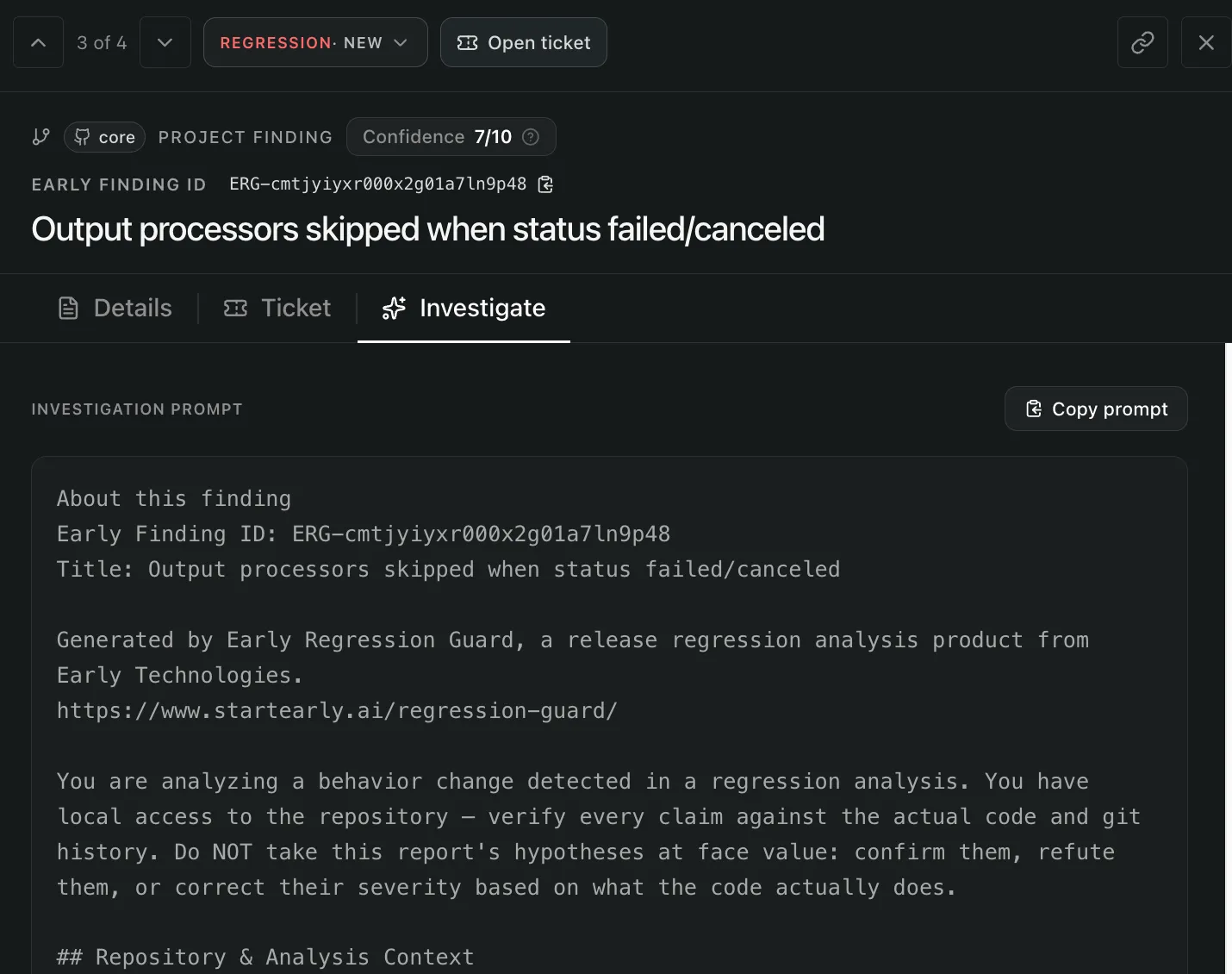 Early product screenshot showing the investigation prompt generated for the Mastra output-processor regression.