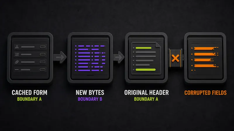 A cached Hono form uses the original multipart boundary, but the derived bytes use a new boundary before parseBody reads them with the old header.