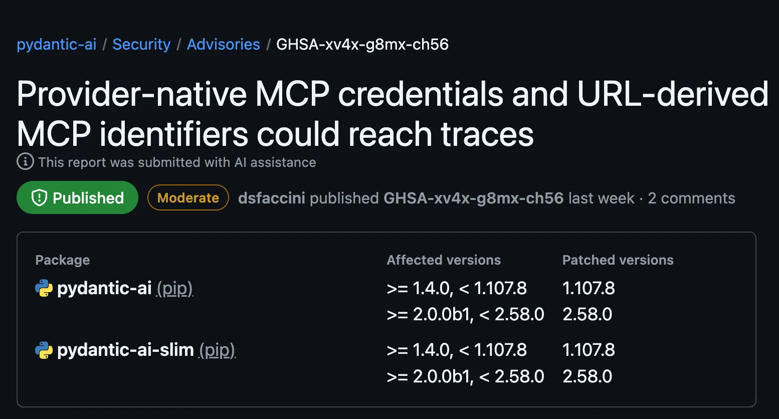 Published GitHub advisory GHSA-xv4x-g8mx-ch56, Moderate severity, with patched versions 1.107.8 and 2.58.0