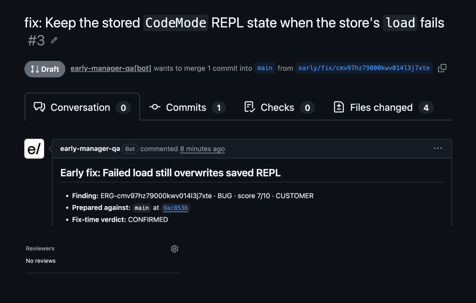 Focused screenshot excerpts of GitHub draft PR 3 created by Early for preserving CodeMode REPL state, showing the title, Draft status and four changed files
