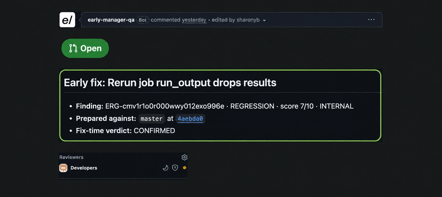 Open Early-generated Fix Pull Request showing the finding context, prepared-against branch, confirmed fix-time verdict and Developers reviewer.