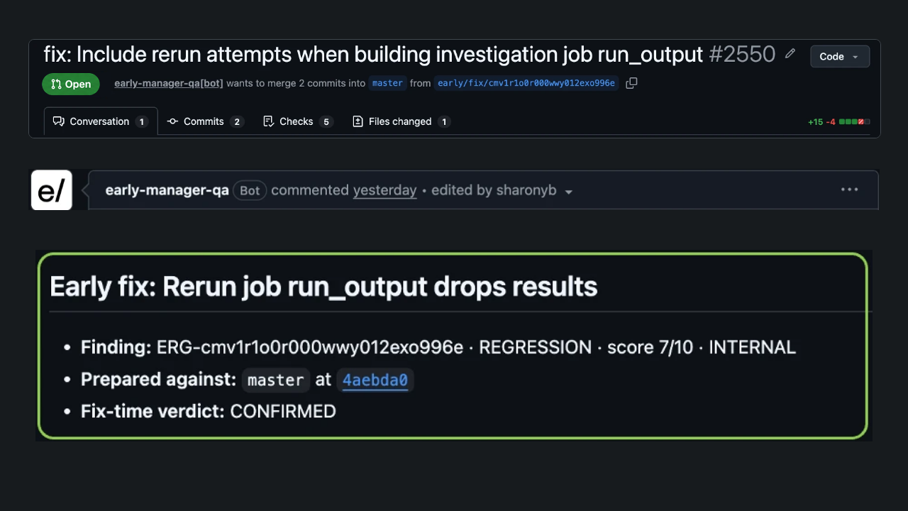 Early-generated GitHub Pull Request with an illustrated Open status, finding context and defect explanation.