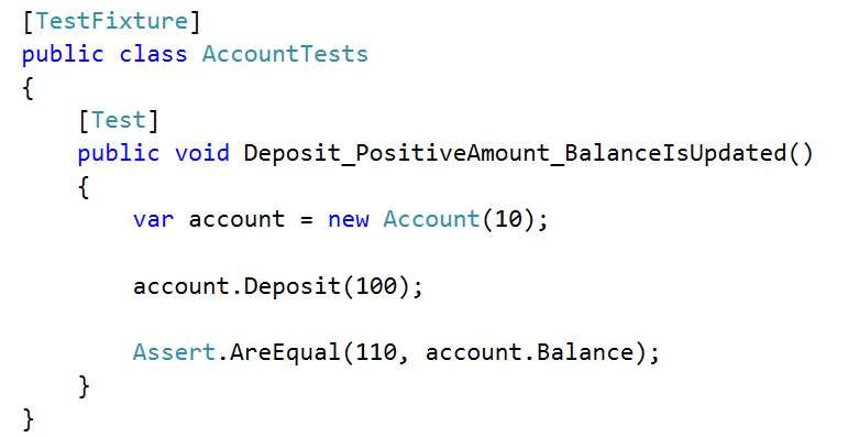 C# account deposit test with a descriptive test method name.