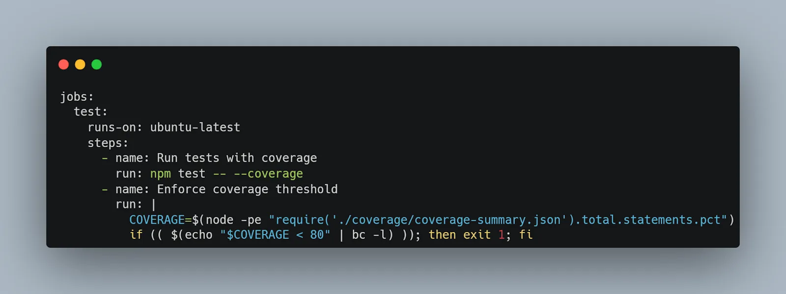 GitHub Actions workflow enforcing a test coverage threshold.