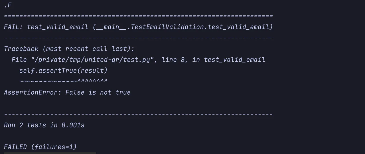 Terminal output from a failing email validation test.