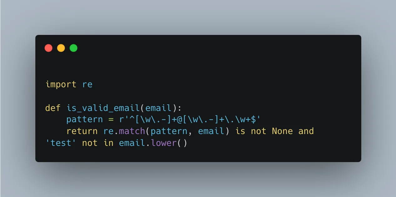 Python email validation function modified to trigger a failing test.