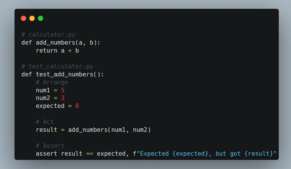 Python add function and pytest unit test in calculator.py.