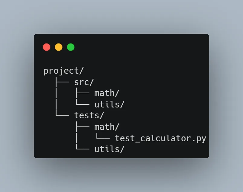 Python project structure with separate math and utility test directories.