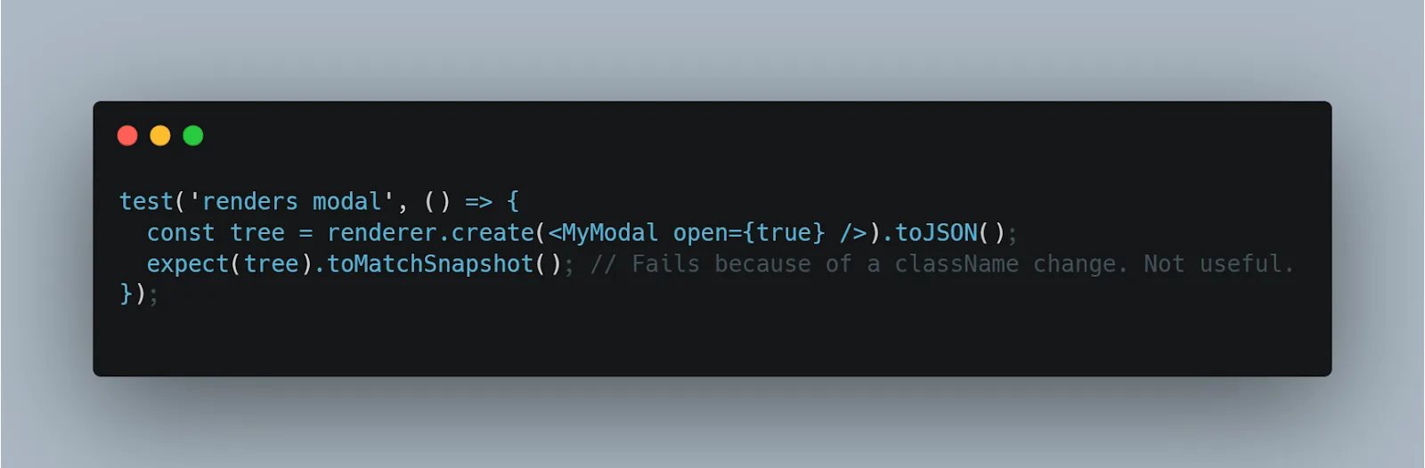 Dynamic user interface snapshot test used as a poor unit testing example.