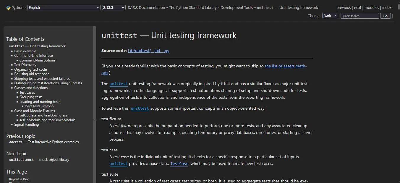 Python unittest documentation covering fixtures, test cases and test suites.