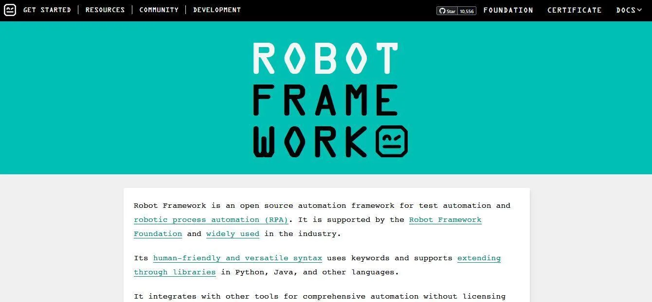Robot Framework homepage presenting keyword-based test automation and process automation.