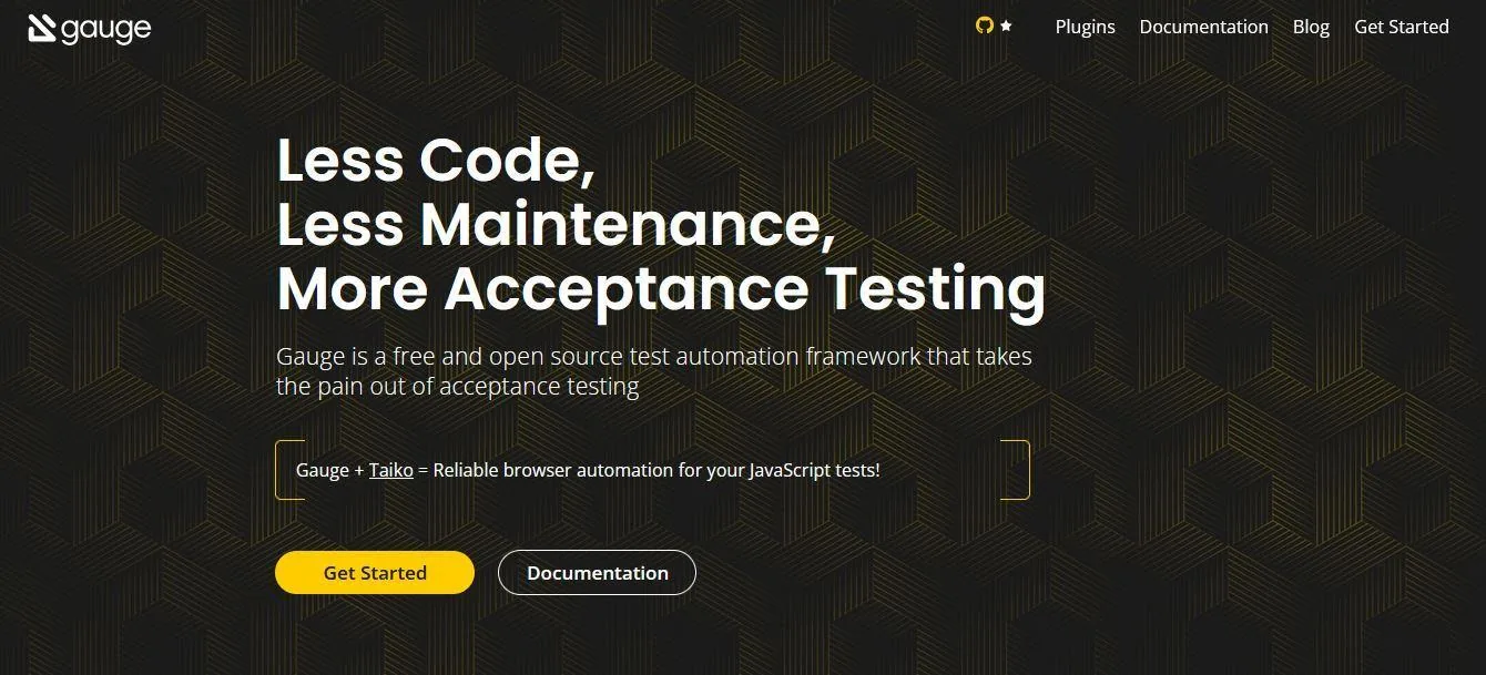 Gauge homepage promoting acceptance testing with less code and maintenance.