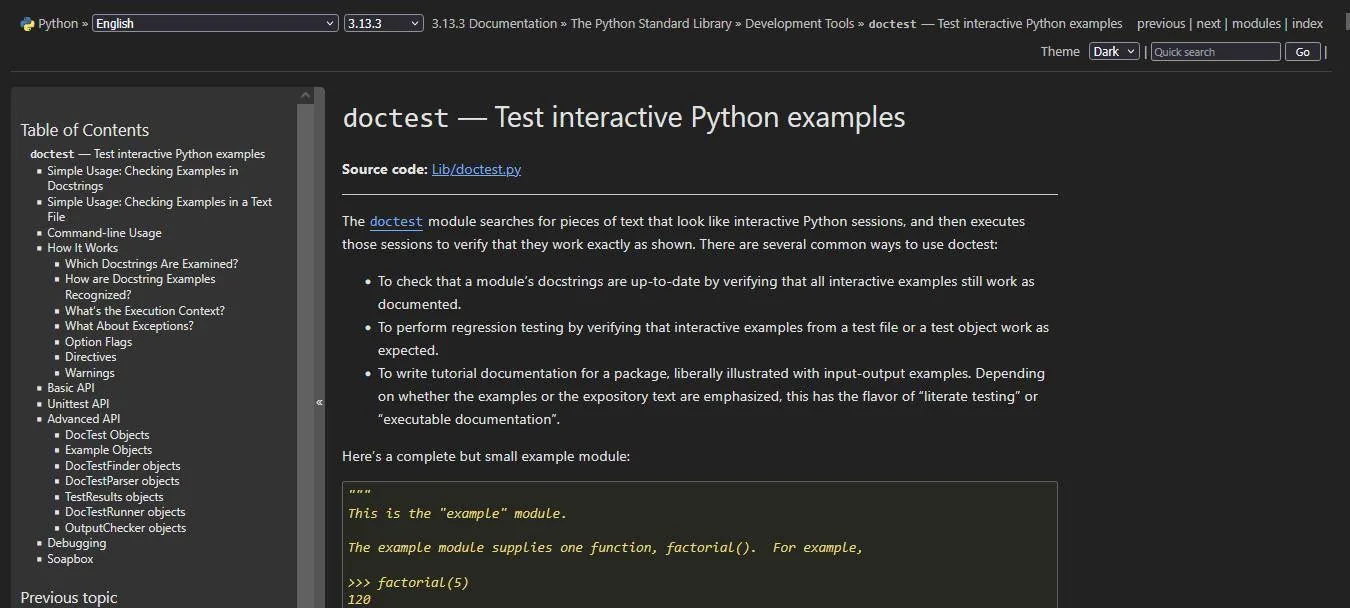 Python doctest documentation showing how interactive examples become executable tests.