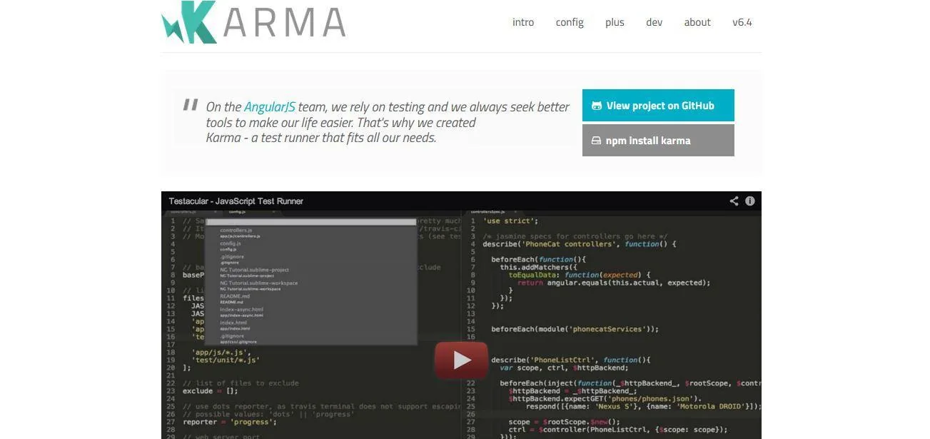 Karma homepage presenting the AngularJS team's JavaScript test runner.