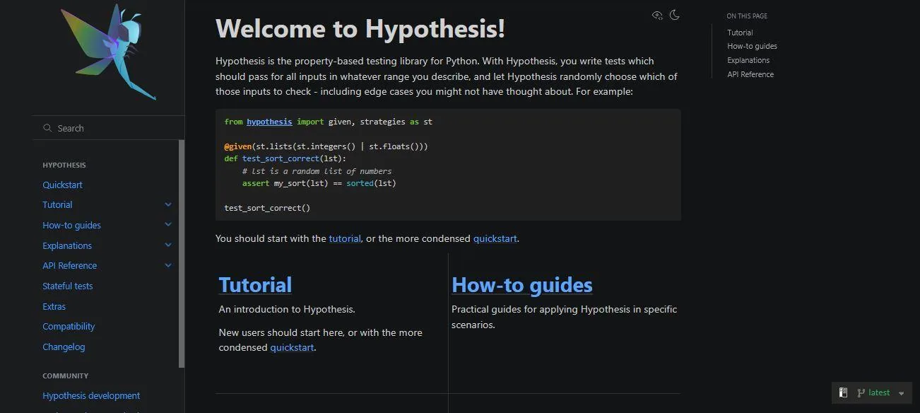 Hypothesis documentation showing property-based tests that explore random edge cases.