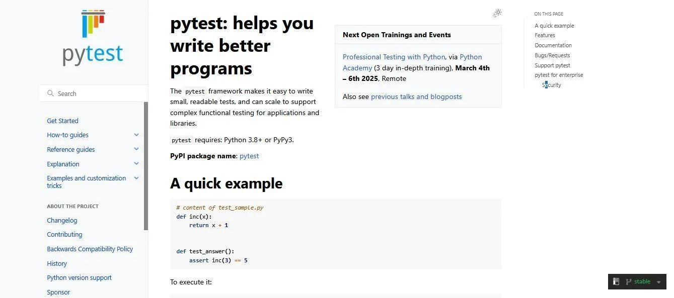 Pytest documentation showing a readable test and support for complex functional testing.