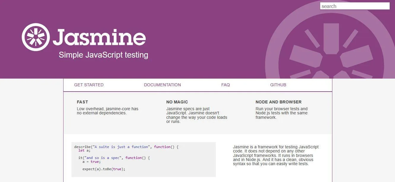 Jasmine homepage highlighting fast JavaScript testing with no external dependencies.