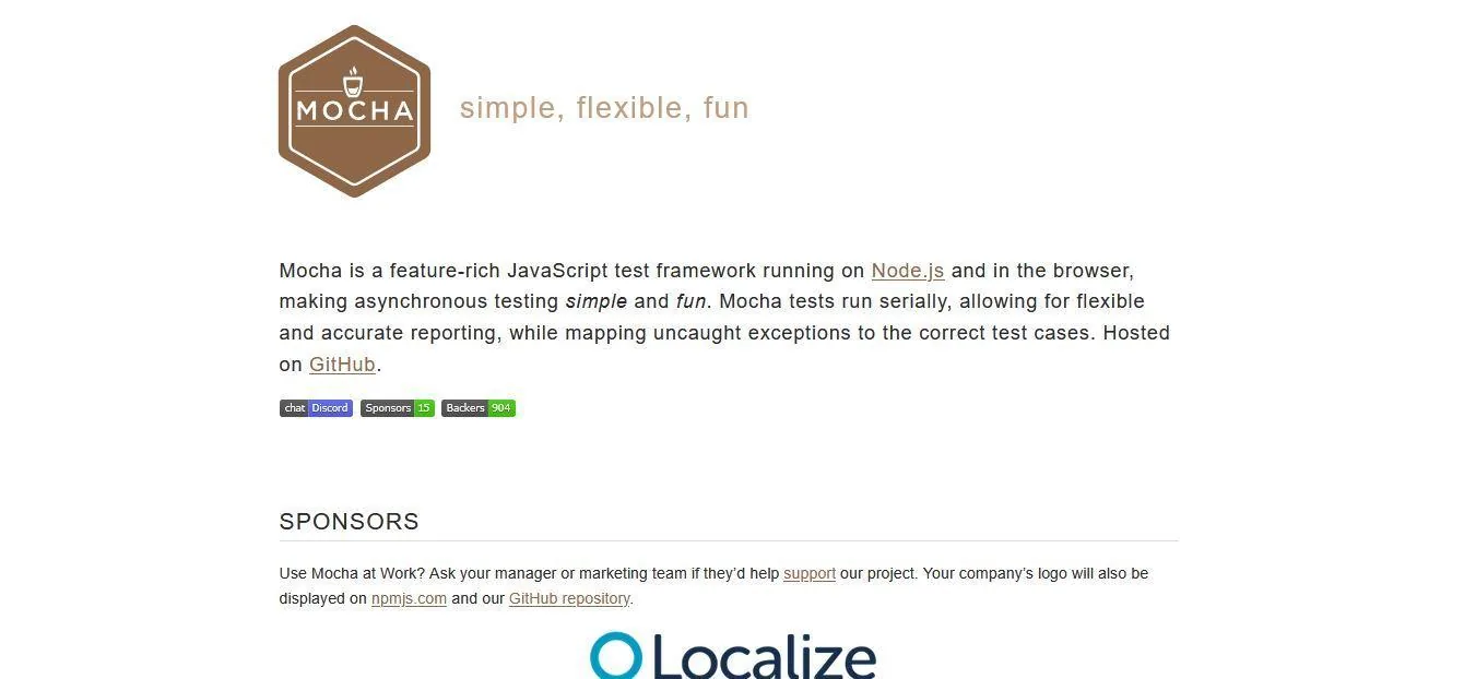 Mocha homepage describing flexible asynchronous testing in Node.js and browsers.