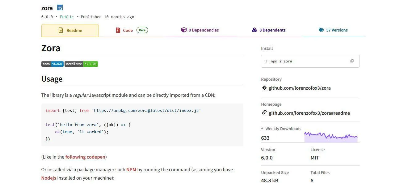 Zora package page showing installation, usage and its zero-dependency JavaScript module.