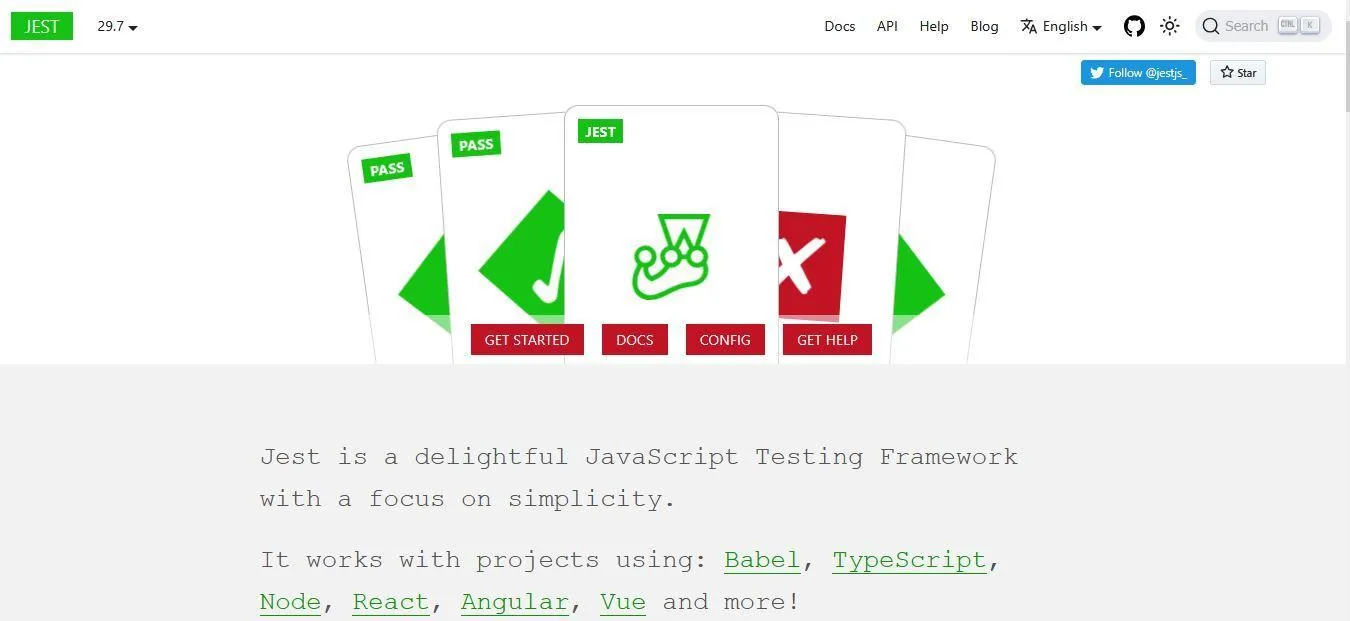 Jest homepage highlighting simple JavaScript testing and broad framework support.