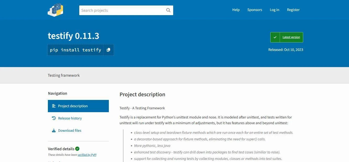 Testify package page describing a Python alternative to unittest and nose.