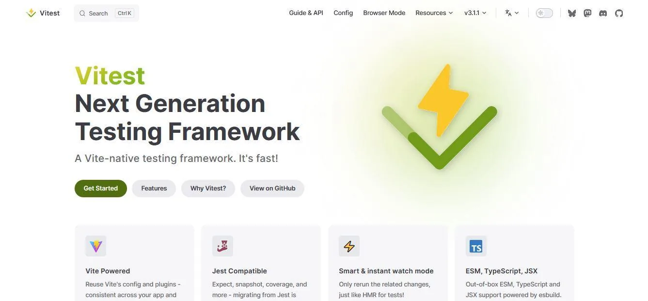 Vitest homepage highlighting fast, Vite-native testing and Jest compatibility.