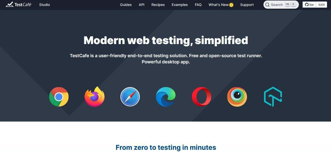 TestCafe homepage presenting cross-browser end-to-end testing with a desktop app.