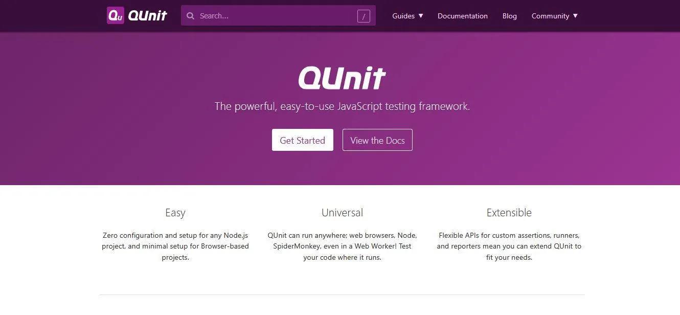 QUnit homepage highlighting easy, universal and extensible JavaScript testing.
