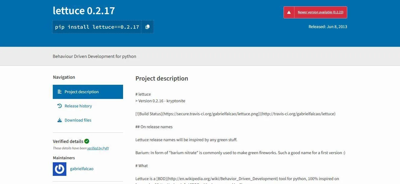 Lettuce package page describing behavior-driven development for Python.
