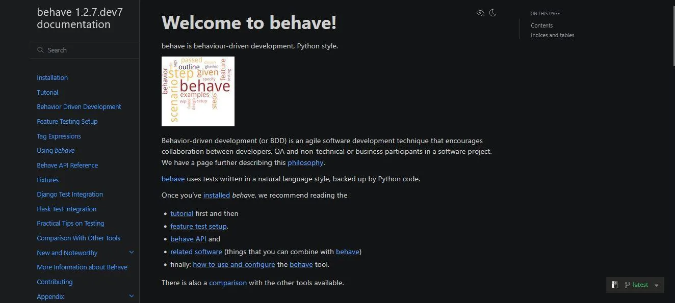 Behave documentation describing natural-language behavior tests backed by Python.
