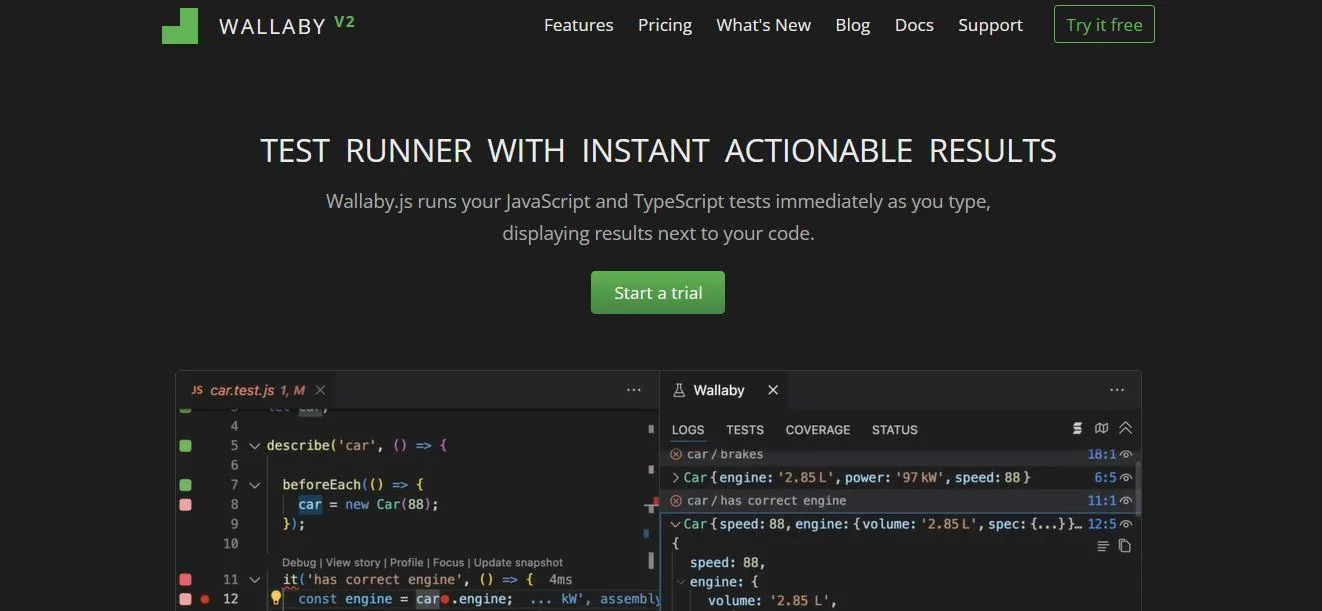 Wallaby.js homepage showing instant test results beside JavaScript and TypeScript code.