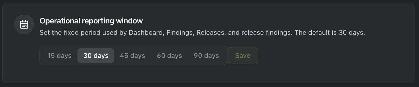 Early Configuration Team setup Operational reporting window control for setting the Dashboard, Findings, Releases, and release findings period to 15, 30, 45, 60, or 90 days