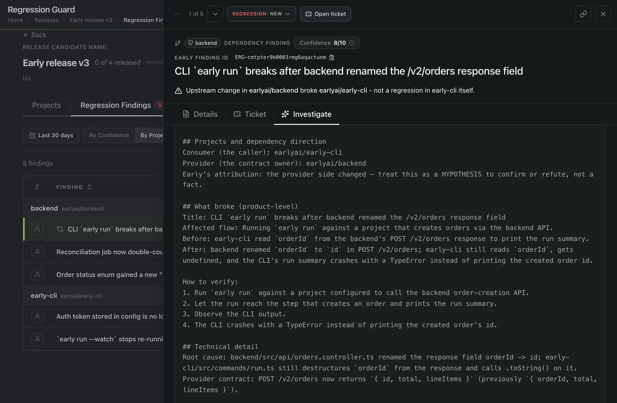 The Investigate tab, showing a structured prompt with the dependency direction, what broke, how to verify it, and the technical root cause