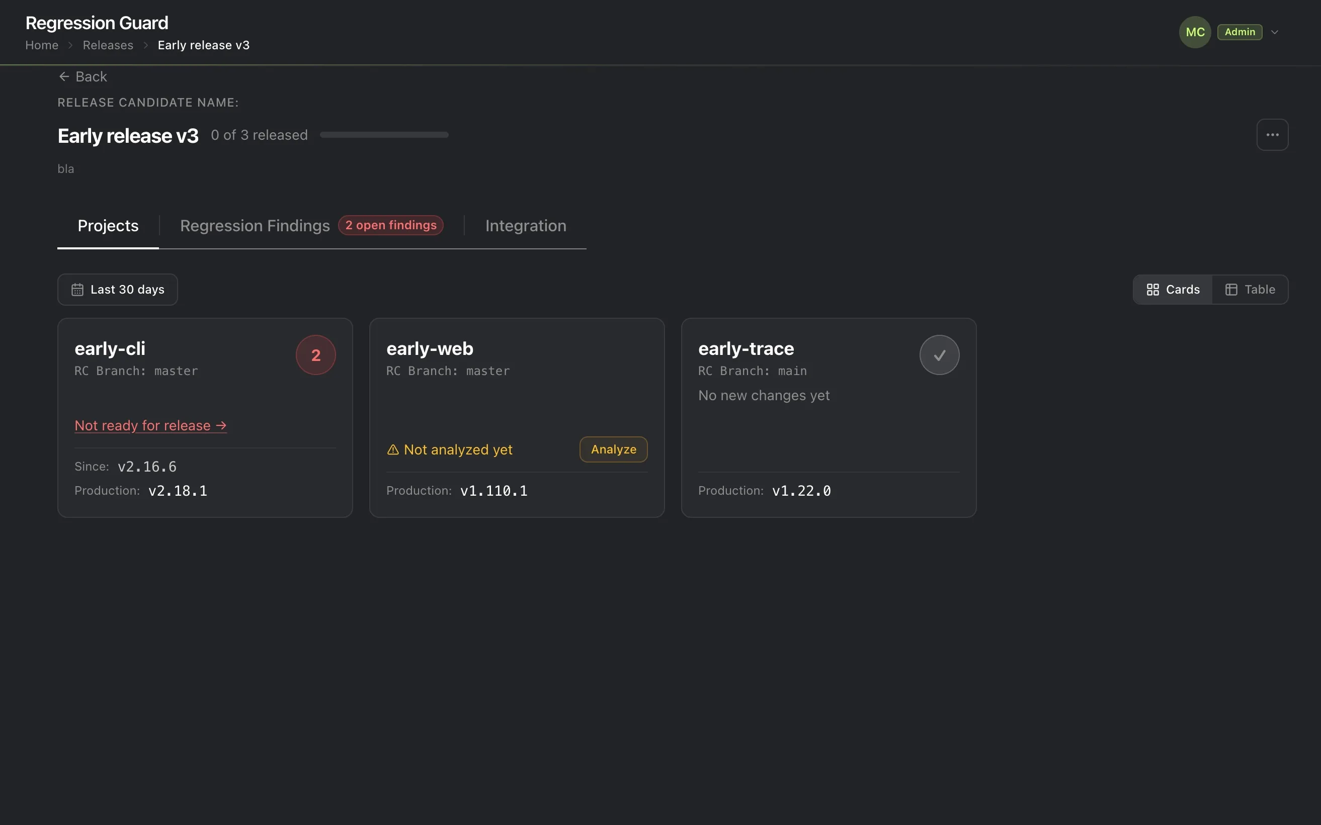 The same Projects tab after analysis: early-cli shows 2 findings and a "Not ready for release" link, early-web is still unanalyzed, and early-trace has no new changes