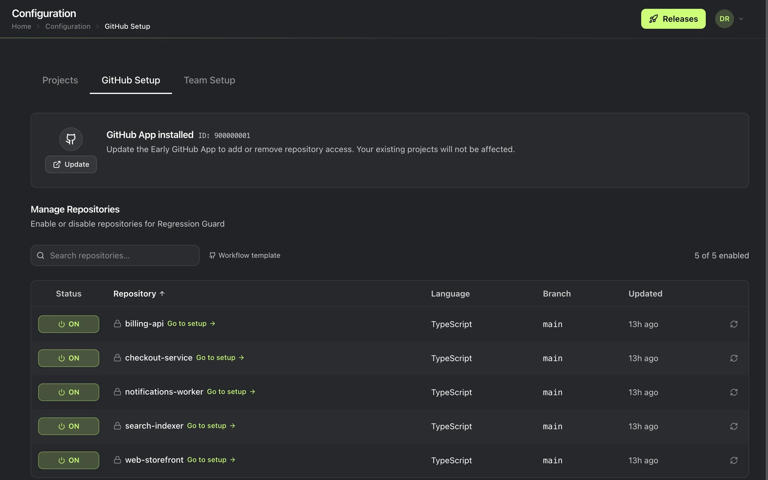 Early's GitHub Setup page showing the Manage Repositories list with five repositories toggled on