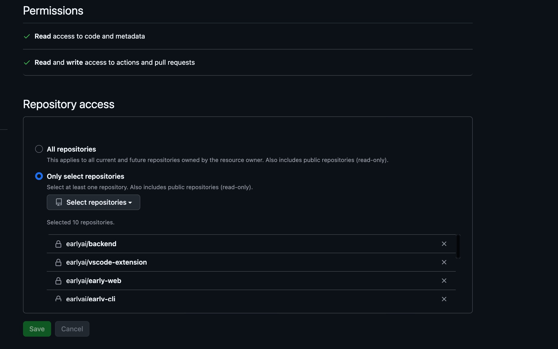 GitHub's repository access settings for the Early App installation, showing "Only select repositories" chosen and the currently granted repositories listed
