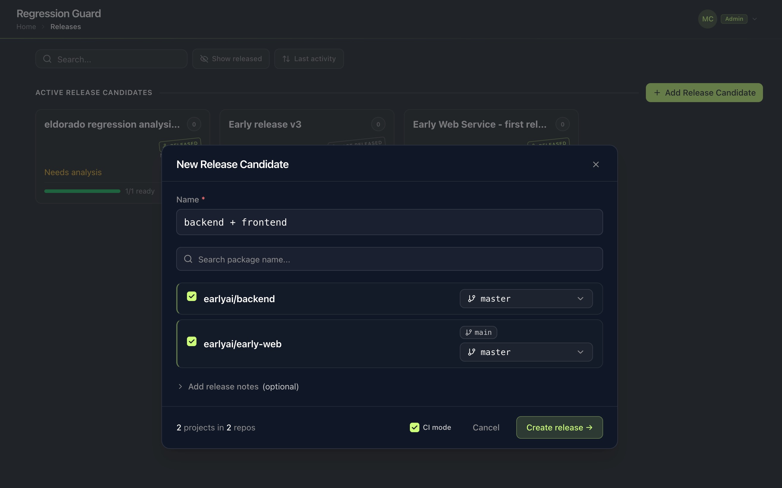 The New Release Candidate dialog, naming a release and selecting two projects with their release branches