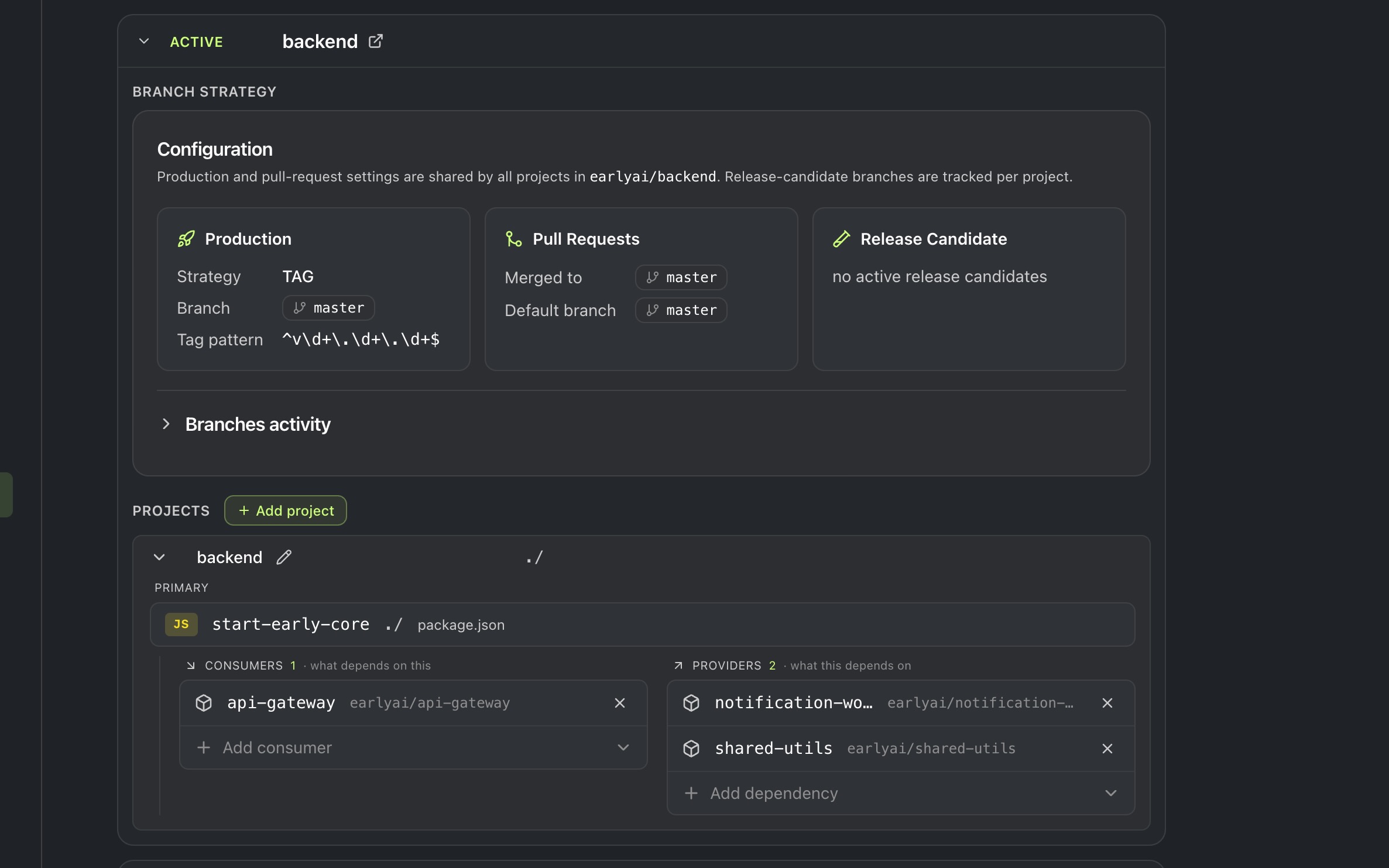 Early's project configuration expanded for backend, showing its consumers and providers lists at the bottom