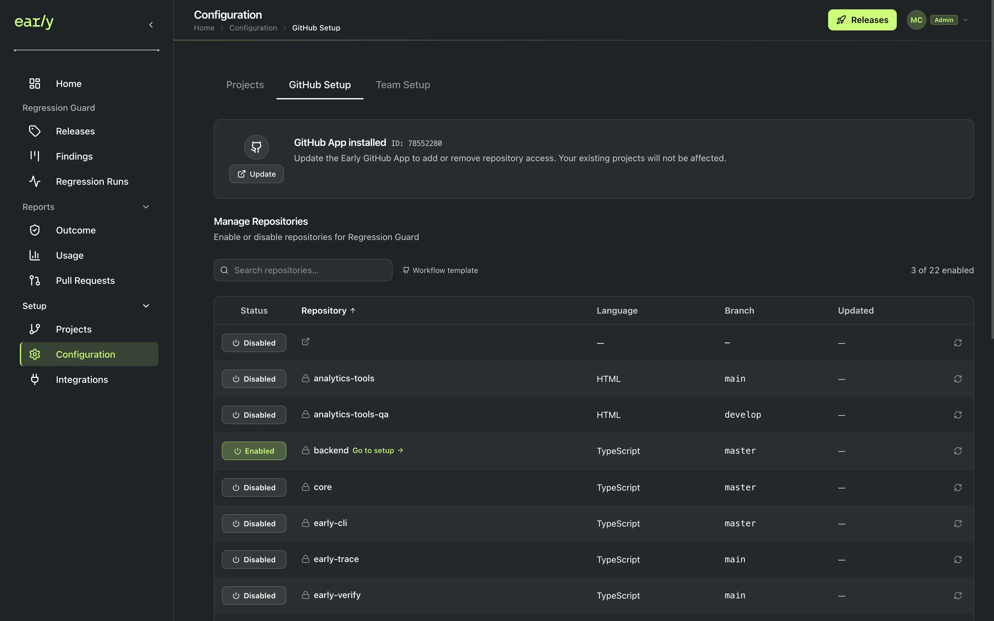 Early's GitHub Setup page showing the backend repository toggled to Enabled among a longer repository list