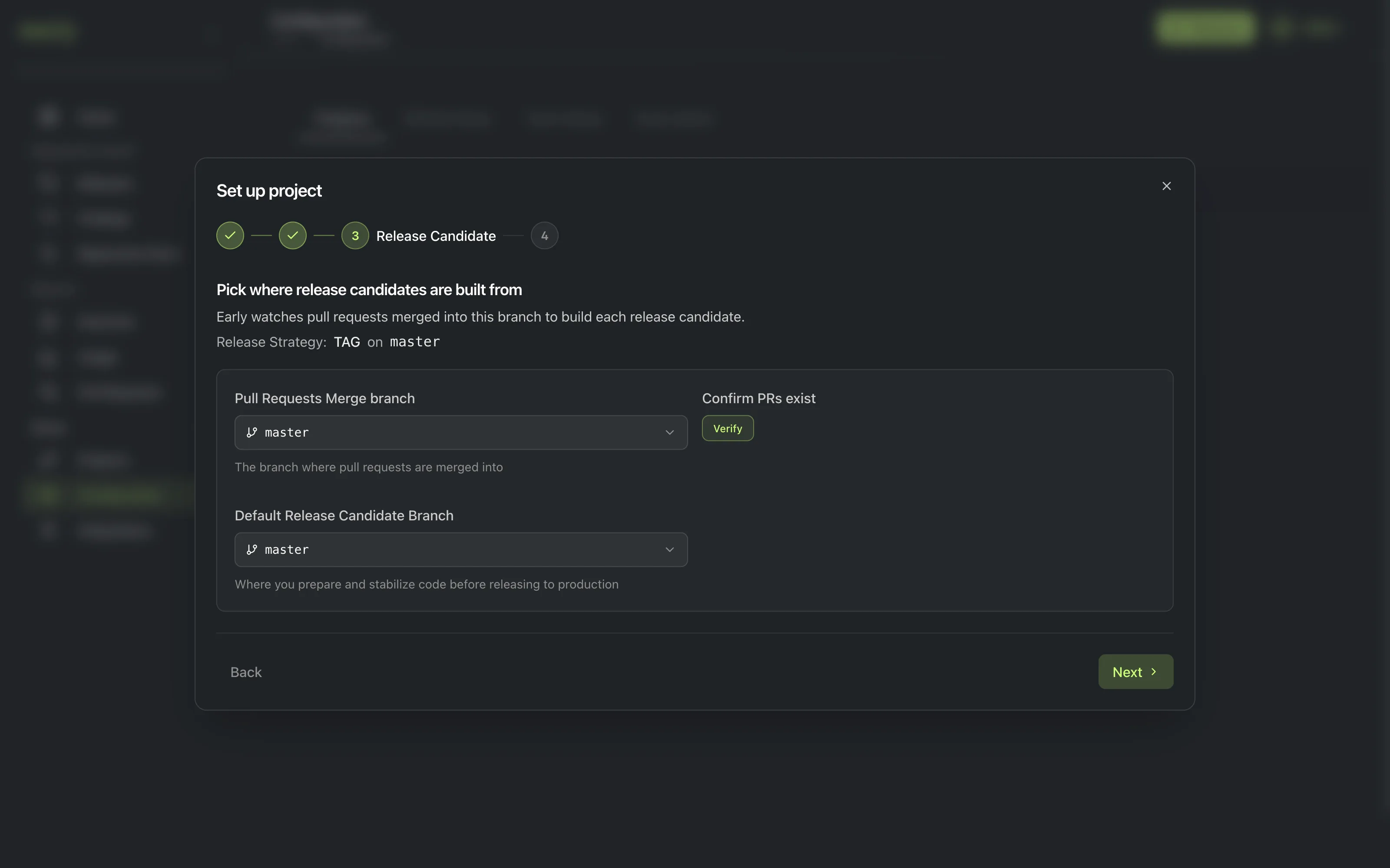 The Release Candidate step, setting the pull-request merge branch and the default release candidate branch