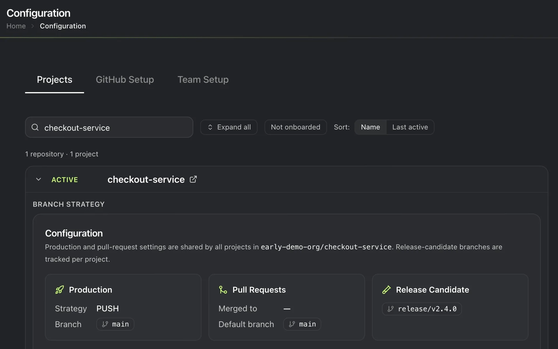 Early's project configuration for checkout-service showing its branch strategy: push-based release identification on main