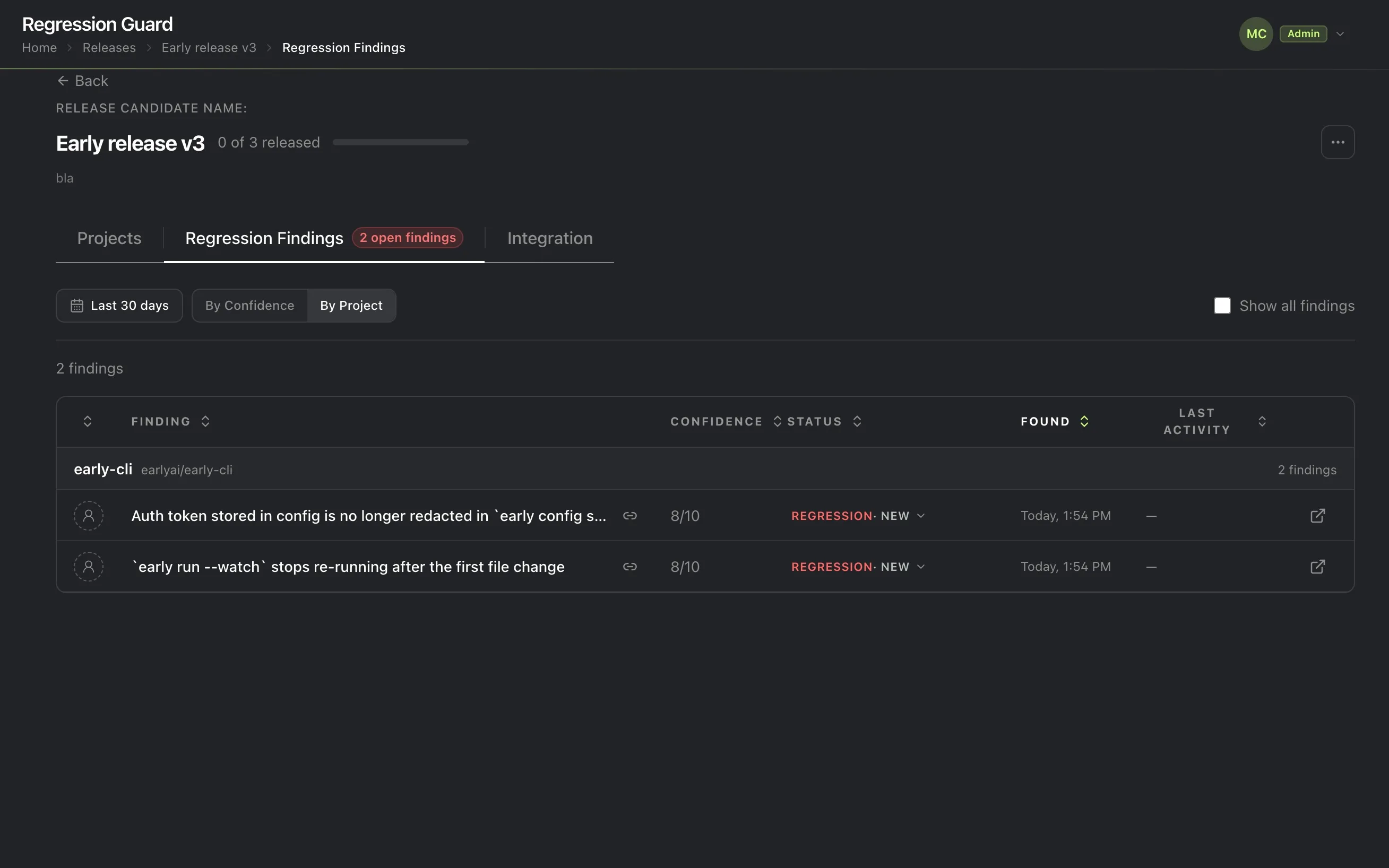 The Regression Findings tab for early-cli, listing two new regressions found today